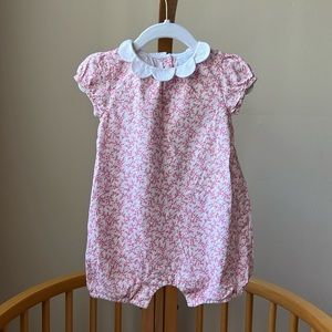 The Little White Company floral pink romper, with scalloped collar, size 6-9M